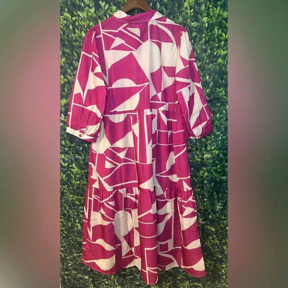 Umgee Magenta and Cream Geometric Maxi Shirt Dress - Picture 2 of 7
